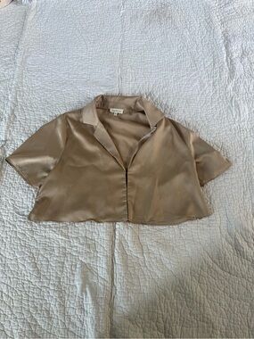 Promesa Short Satin Button-Front Blouse in Taupe